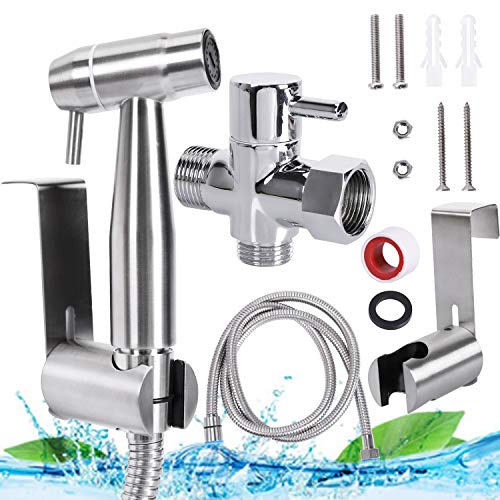 Handheld Toilet Bidet Sprayer Set Pipe Shattaf Water Cleaner Cloth Diaper Sprayer for Toilet Attachment with Water Pressure Control Hose and T Valve-Chrome