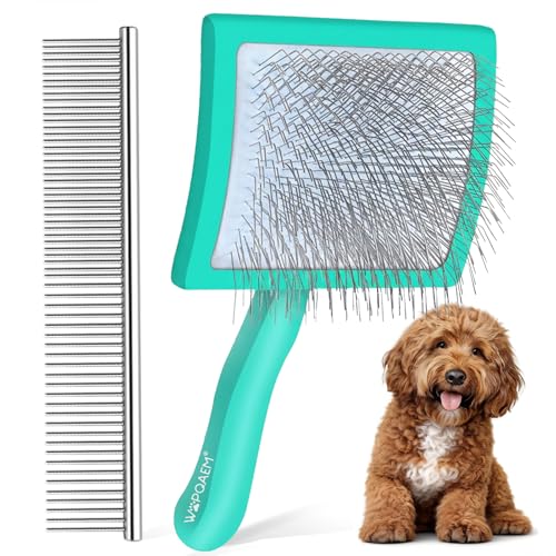 Image of Wooden Long Pin Slicker Brush for Dogs, Doodles, Poodles, Long Hair | Grooming, Detangling, and Fluffing for Wavy and Curly Hair-Designed for Heavy, Thick Coats to Prevent Matting at Home