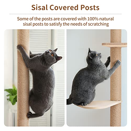 Wood Cat Tower Floor To Ceiling Adjustable, Cat Tree Tall Cat Scratching Post, Cat Wood Tree With 3-Tier Floor For Climb, Cat Climbing Tower Vertical With Natural Sisal Rope #TOP2