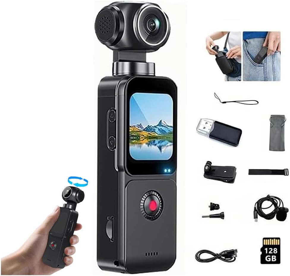 5K HD Handheld Camcorder, Pocket Vlogging Camera with 270° Rotation | 16MP Photo, WiFi, Touchscreen, Autofocus & EIS for Travel, POV Sports & Vlog (128GB)