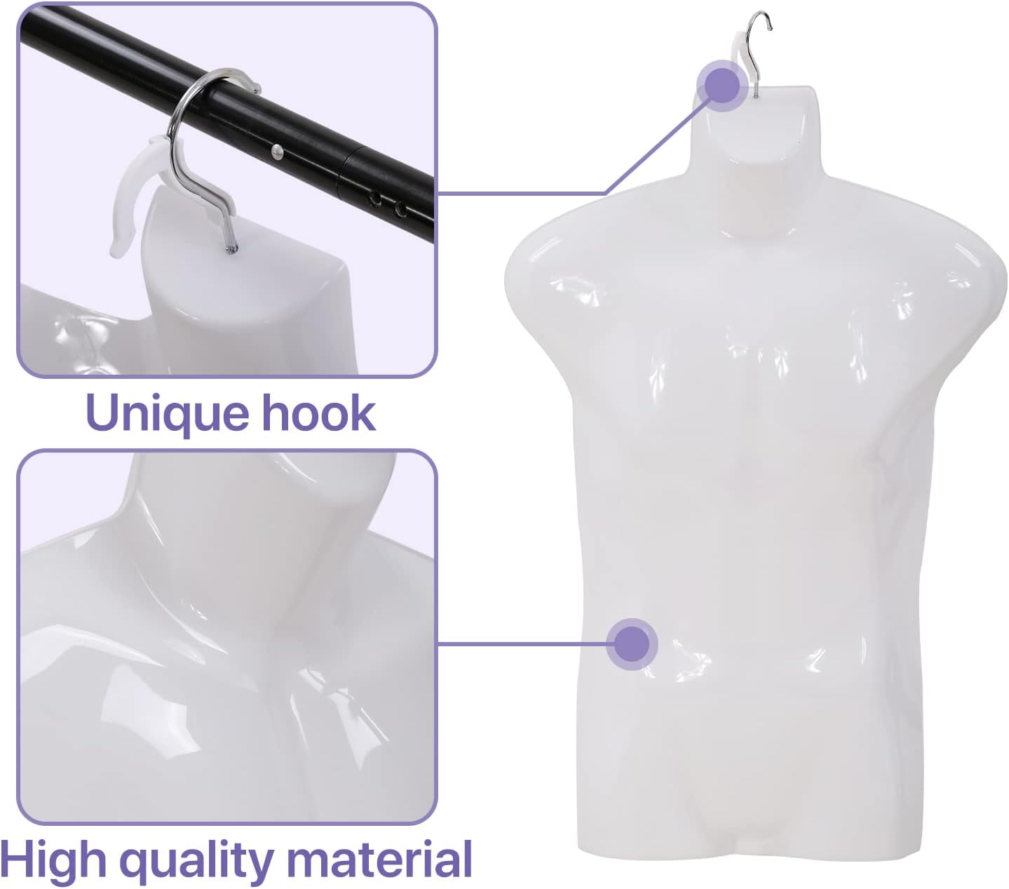 4-Packs Male Mannequin Torso Set 30" Dress Form Hollow Back Half Body Clothing Display Plastic Adult Table Shirt Mannequin Model Stand with Metal Hook for Hanging - Craft Shows or Design, White