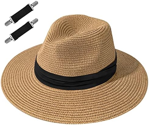 Panama Hats for Women with 2 Hat Clips Summer Wide Brim Fedora Sun Hat Roll Up Straw Hat UPF 50+