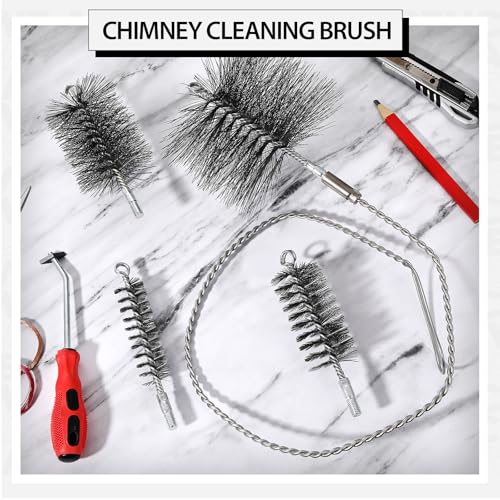 Acellegic 5 Pcs Chimney Cleaning Brush Set Sweep Brush with Flexible Rods 4 Stainless Steel Pipe Brushes Chimney Cleaning Kit with Standard End Fitting for Hearth Fireplace, Auto Parts, Bottles, Tubes