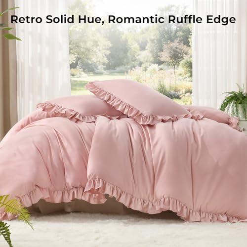 Image of Litanika Full Size Comforter Sets, 3 Pieces Blush Pink Ruffle Girls Women Cute Bedding Comforters & Sets, Lightweight Fluffy Microfiber as Gift (79x90In Comforter & 2 Pillowcases)