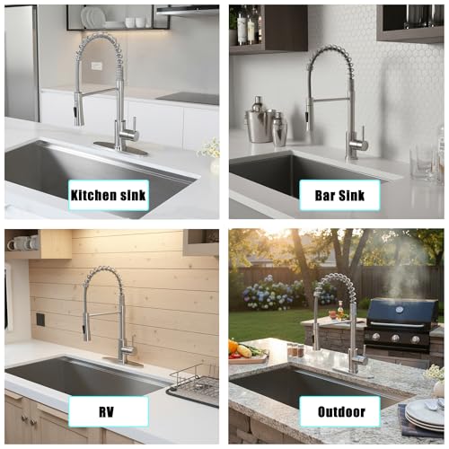 Image of KINGO HOME Kitchen Sink Faucet with Pull Down Sprayer, Brushed Nickel Stainless Steel Bar Faucet Single Handle, Commercial Pull Out Faucets for Kitchen Sink, Laundry Bar RV Camper Outdoor