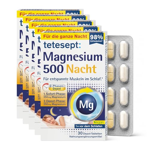 tetesept Magnesium 500 Nacht - 5 x 30 hochdosierte Tabletten - Nahrungsergänzungsmittel für entspannte Muskeln im Schlaf mit Magnesium Tabletten