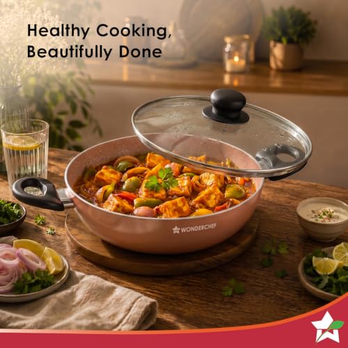 Image of Wonderchef Vitalife Non-Stick Kadhai & Glass Lid for Kitchen, 24cm, 2.5 L, Non-Toxic Coating, PFOA-Free, Cool-Touch Handles, Scratch-Resistant, Gas & Induction Compatible, 2-Yr Warranty, Terracotta