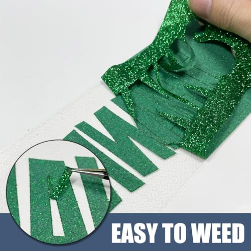 Image of Green Glitter Heat Transfer Vinyl 12 inch x 8 ft HTV for Shirts, Glitter HTV for All Cutter Machine - Easy to Cut & Weed for Heat Vinyl Design (Green)