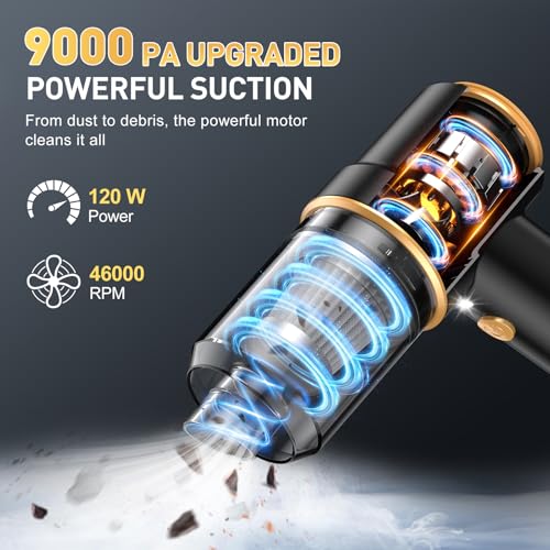 Image of KMM Handheld Car Vacuum Cleaner, 9000PA Vacuum Cleaner & Air Duster, 120W High Power Vacuum Portable Cordless, Hand Held Vacuum Rechargeable with Multi-Nozzles & LED Light for Home, Car, Office
