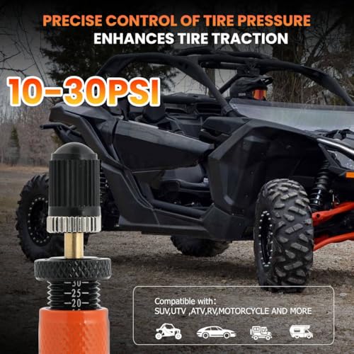 Image of Adjustable Auto-Stop (10-30 PSI) Tire Air Down Deflator Valve Kit,Includes Valve Caps & Storage Bag,4-in-1 Valve Tool Compatible with Car, Truck, Jeep, SUV, ATV(Orange)