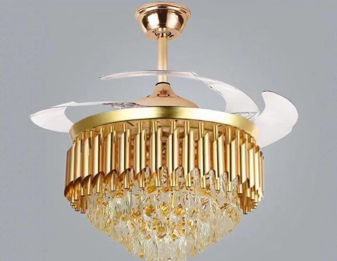 Lavish Round Crystal Chandelier Fan with BLDC Motor, 3-Color LED Light, Remote Control, 4 Retractable ABS Blades Ceiling Fan for Living Room - Warm + Natural + Cold (Gold Mamba)-image-25