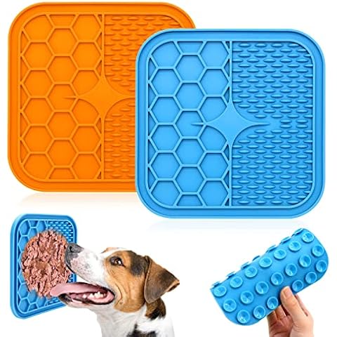 MOTONG Silicone Dog Lick Mats, Washable Mat with 48 Suction Cups Split Design Eat Slower Boost Digestion Performance For Dog Cat Relieves Anxiety in Bath, Grooming, Nail Clipping (2PCS( Blue+Orange)) Cover