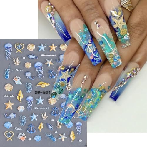 Powpop 307 5D Embossed Ocean Life Nail Art Stickers Decals Self Adhesive Seashell Starfish Nail Decals Sea Creature Designs Summer Nail Stickers Marine Life Manicure Sliders thumb #2