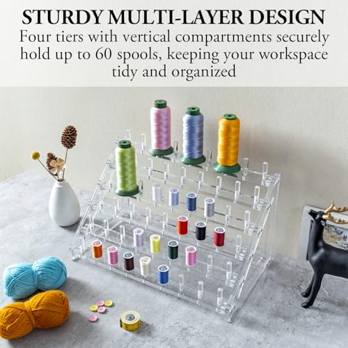 Image of MyGift 60 Spools Premium Clear Acrylic Tabletop Thread Storage Organizer Display Stand, Spool Holder Rack for Sewing Embroidery Quilting Craft Kit Threads