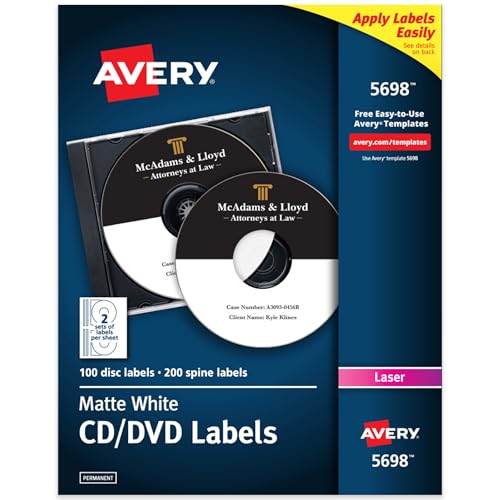 Image of Avery CD Labels for Laser Printers, White, 100 Disc Labels and 200 Spine Labels (5698)
