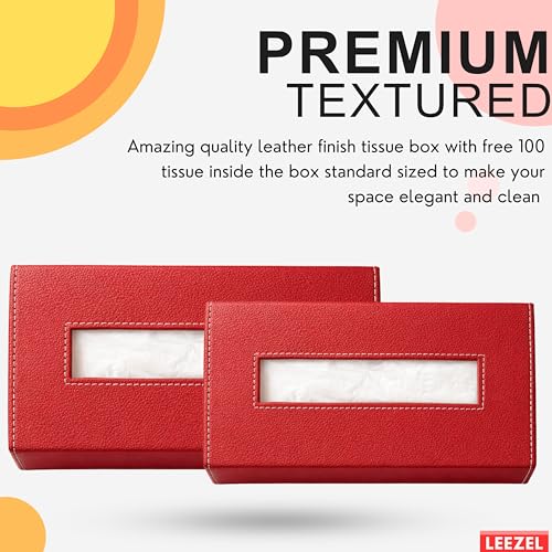Image of LEEZEL| Tissue Box Holder with 100 Pulls Cotton Rags Tissue | Handcrafted Fine Leather - Like Finish | for Gifting, Office Desks, Cars & Home Decor | Durable & Water Resistant. (Red)