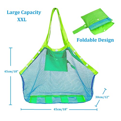 COOLGOEU Strandtasche Strandspielzeug Tasche XXL Groß für Sandspielzeug Wasserspielzeug für Kinder Aufräumsack Spielsack Badetasche Beachbag Faltbar für Familie Urlaub (Blau Mesh/Grün Strap)