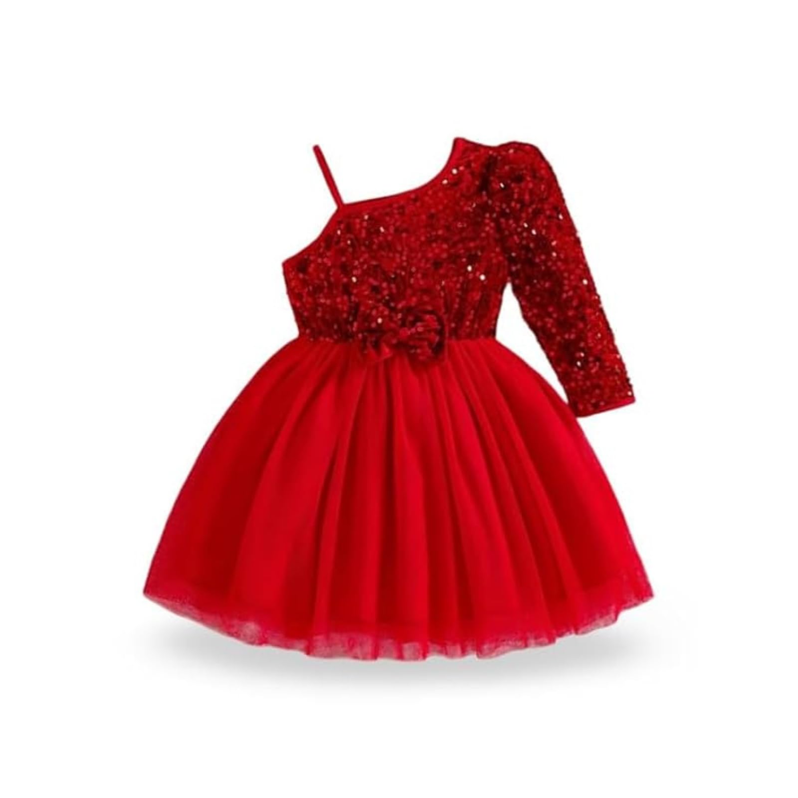 Niren Enterprise Mädchenkleid mit Stringärmeln, schulterfrei, ausgestellt, rot, ausgestellt, mit Sequenzschleife