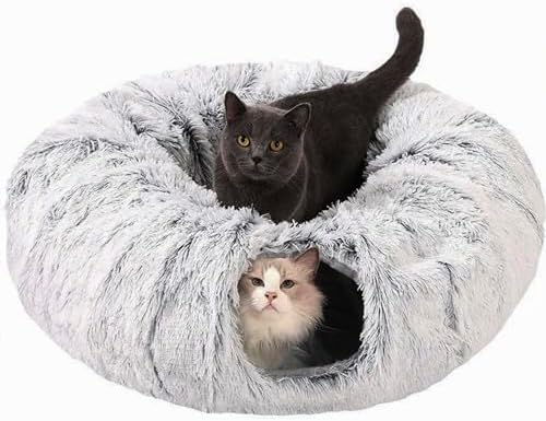 CLKHOWL Cat Tunnel Bed for Indoor Cats - Cute Cat Donut Tunnel with Washable Circle Cushion, Round Pet Play Toy for Kitten/Puppy/Rabbit, Grey