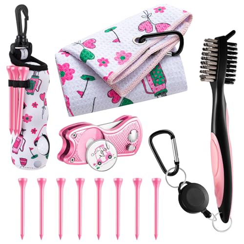 Liliful 13 Pcs Pink Golf Accessories Kit with Cute Pattern Include Golf Ball Bag with Hook Towel Tees Magnetic Ball Marker Divot Tool Cleaner Brush for Women Girls Gifts