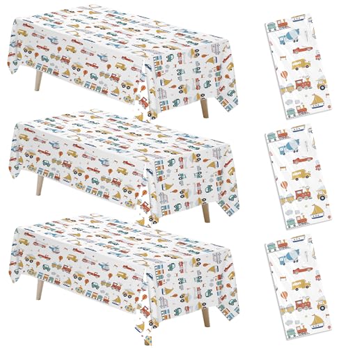 FVABO Transportation Birthday Party Decorations Tablecloth 3pcs Disposable Truck Car Construction Vehicle Theme Traffic Transportation Party Supplies Table Cover for Birthday Baby Shower 86in x 55in