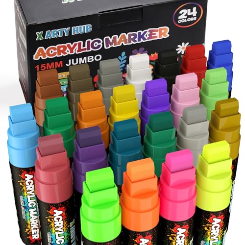 X ARTY HUB Jumbo Acrylic Paint Markers 24 Colors (14 Classic 6 Metallic 4 Neon) Poster Markers with 15mm Thick Tip Quick-Dry Paint Pens for Window Art Banners Signs & Large DIY Projects
