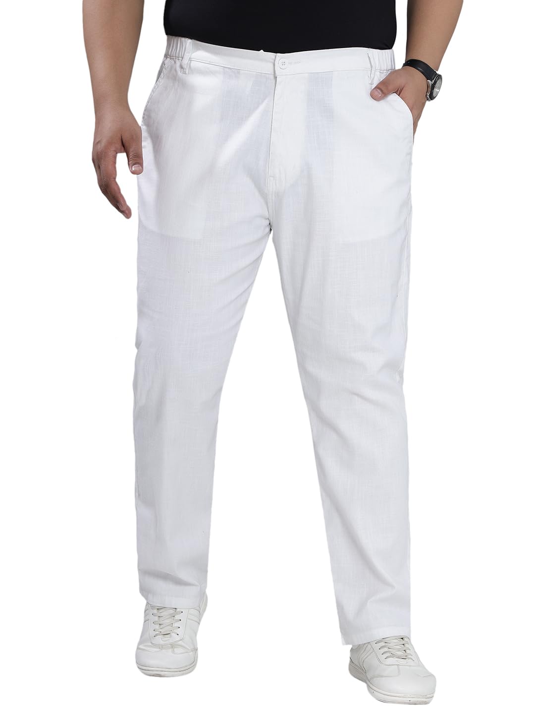 john pride Plus Size Men Regular Fit Mid-Rise Cotton Linen White Elasticated Waist Casual Trouser (JPTR21058_White)-picture-26