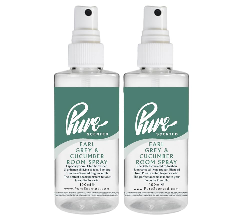"Pure Scented 200ml Room & Fabric Sprays 2 x 100ml Suitable For Home, Car, Caravan, Work, Gym Bags, Odour Eliminators (2 x 100ml, Earl Grey & Cucumber)"