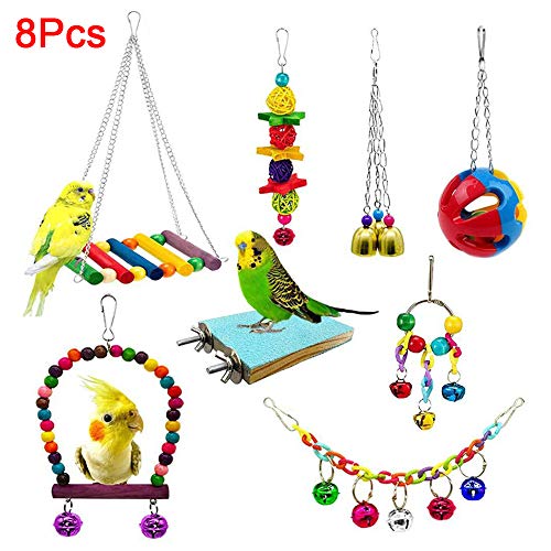 strimusimak 8Pcs Pet Bird Hanging Swing Chew Toy Bell Beads Rattan Balls Platform Toy for Parrot Supplies Random Color 8pcs