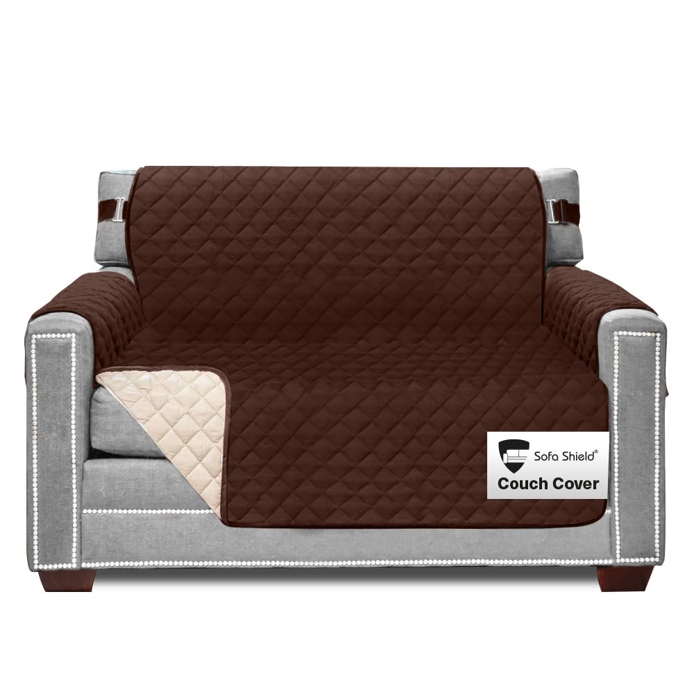 Sofa Shield Chair Slip Cover with Patented Strap, Cushion Protector, Reversible Stain and Dog Tear Resistant Slipcover, Quilted Microfiber 48” Seat, Washable Covers for Dogs Pets Kids, Chocolate Beige