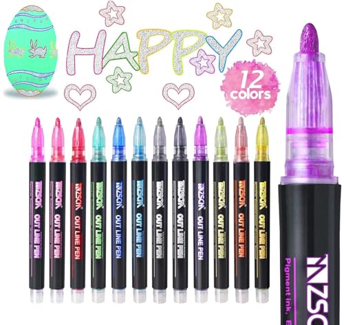 Image of FAMOUS QUALITY 12 Pc Metallic Double Line Outline Markers Glitter Pen Set for Rock Painting, Glass, Mug, Wood, Fabric, Canvas, DIY Craft with Fine Medium Tip Perfect Creative Gift Idea