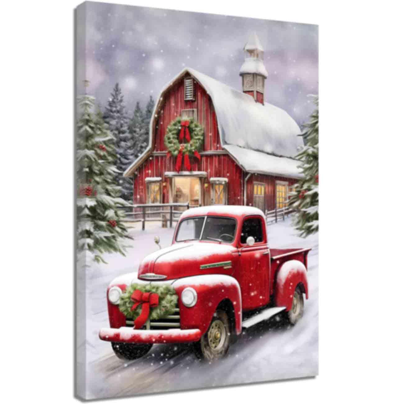ZQQART Christmas Red Truck Canvas Wall Art Red Car Old Snowy Barn Picture Prints Truck Winter Scene Painting Xmas Holiday Poster Decor Framed (White,12.00" x 18.00")