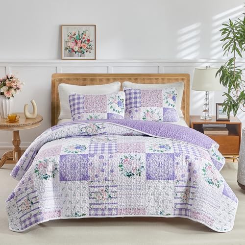 Joyreap 2 Pieces Floral Quilt Set Twin, Patchwork Purple n Pink Flowers Design, Smooth Soft Microfiber Quilt, Bedspread Bed Cover for All Season, 1 Quilt and 1 Pillow Sham- 68x86 inches