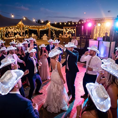 Image of Tisancy LED Lights Cowboy Cowgirl Hat Flashing LED Lights Cowgirl Hat for Wedding Western Bachelorette Party