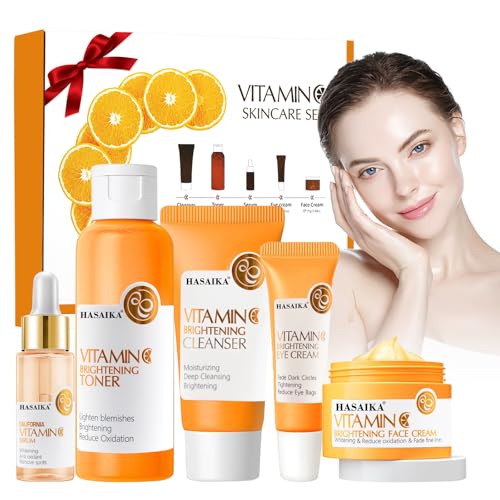 HASAIKA® Vitamina C Pack Regalo, Set de Cuidado Facial con Vitamina C Incluye Limpiador de Tóner, Crema Facial y Suero,para Nutre e Hidrata el Rostro para Ralentizar el Proceso de Envejecimiento