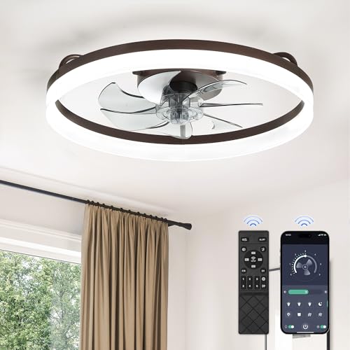Image of LEDIARY Ceiling Fans with Lights, 20 inch Low Profile Flush Mount Ceiling Fan, Dimmable LED, APP & Remote Control, Quiet Reversible DC Motor, 6 Speeds, Fandelier for Bedroom, Brown