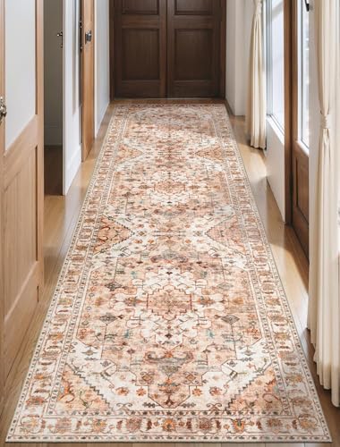SERISSA Boho Washable Runner Rug, 2'6"x10' Long Non-Slip Vintage Peach Cream Hallway Kitchen Stair Runner Rug Ultra Soft Print Distressed Floor Carpet for Bedroom Bathroom Laundry Room