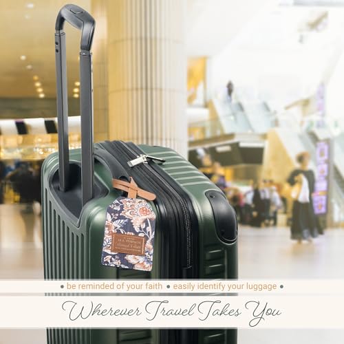 Christian Art Gifts Inspirational Vegan Leather Floral Scripture Luggage Tag for Women All Things Through Christ Cute Suitcase Baggage Accessory for Carry-on, Checked Bag, 4.8" x 3.1", Navy Blue/Brown2