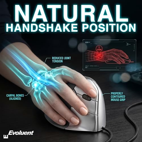 Image of Evoluent - World's Original Vertical Mouse, Wired Ergonomic Mouse for Right Hand, Medium to Large, Helps with Carpal Tunnel and Wrist Strain, Customizable 6 Buttons, 4 Speed Settings, Comfortable Grip
