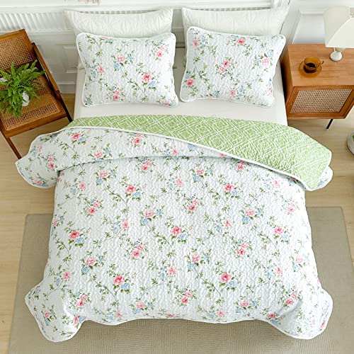 Green Leaves Botanical Quilt Set Queen Size 90X90 3 Pc With Red And Blue Flowers Reversible Soft Microfiber Lightweight Coverlet Bedspread Summer Bed Cover For All Season (1 Quilt+ 2Shams) #TOP6