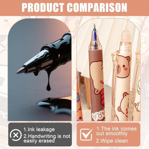Image of UCRAVO Capybara Erasable Gel Pens Set of 6 | Cute Cartoon Blue Ink Fine Tip Erasable Pens with Rubber Eraser Cap | Smooth Writing Gel Pens for Students, School, Office, Journaling, Planner & Gifts