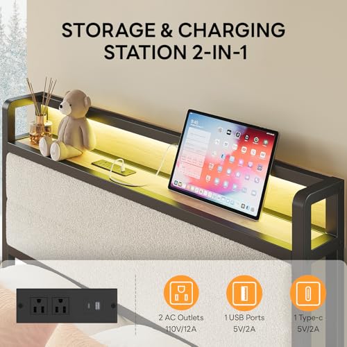 Image of LIKIMIO Twin XL Bed Frame with Storage Headboard and LED Lights, Metal Platform Bed with Charging Station, Noise Free, No Box Spring Needed, Under Bed Storage, Natural and Cream