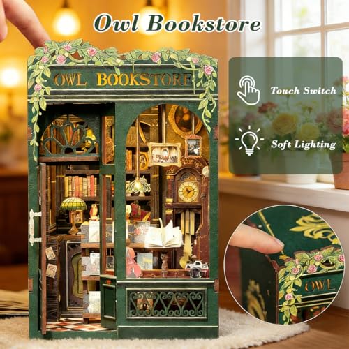 Image of PATPAT Owl Bookstore DIY Miniature House Kit Book Nook Kit, Wooden Doll House for Adults, 3D Wooden Puzzle Bookshelf Decor, for Christmas, Birthday, Anniversary