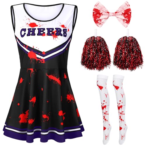 Costume de pom-pom girl sang noir 4 pièces pour zombie d'Halloween