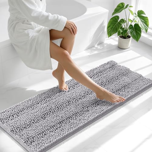 Image of Smiry Thick Chenille Bathroom Runner Rugs 47x17, Extra Absorbent Striped Bath Mat, Machine Washable, Rubber Backing, Long Bath Rugs for Tub & Shower, Modern Home Decor Accessories, Grey
