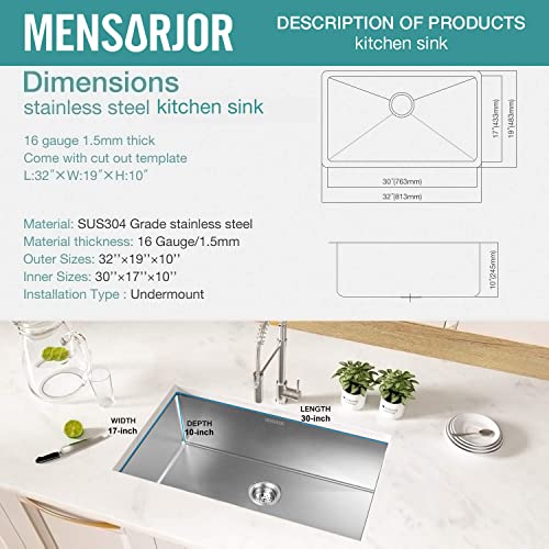 Kitchen Sink, Mensarjor 32'' X 19'' Undermount Single Bowl 16 Gauge Stainless Steel Kitchen Sink With Accessories #TOP2