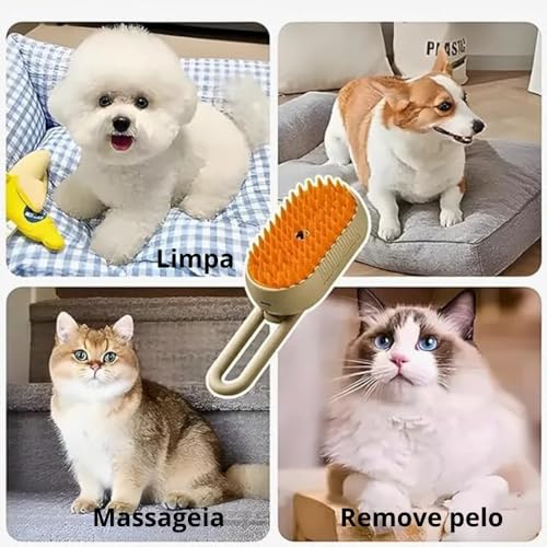 Escova Elétrica a Vapor 3 em 1 para Cães e Gatos, Todos os Tipos de Pelagem, Bege e Laranja