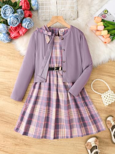 Image of PureChapter Girls' Preppy Clothes Plaid Vest Dress Cardigan Jacket Belt Cute Kids Clothes 7-14Y Green