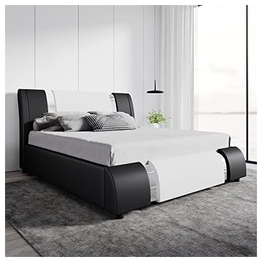 SHA CERLIN Queen Platform Bed Frame with Iron Pieces Decor and Adjustable Headboard/Deluxe Upholstered Modern Bed with Solid Wooden Slats Support/No Box Spring Needed, White with Black Sides