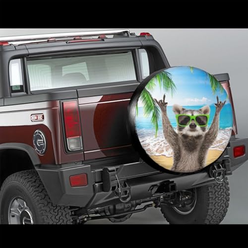 Image of Beach Raccoon Spare Tire Cover for Rv Trailer Camper Truck SUV - Cute Raccoon Animal Wheel Protectors Cover Waterproof Fabric for Travel Camping Outdoor,Universal Fit,17 inch